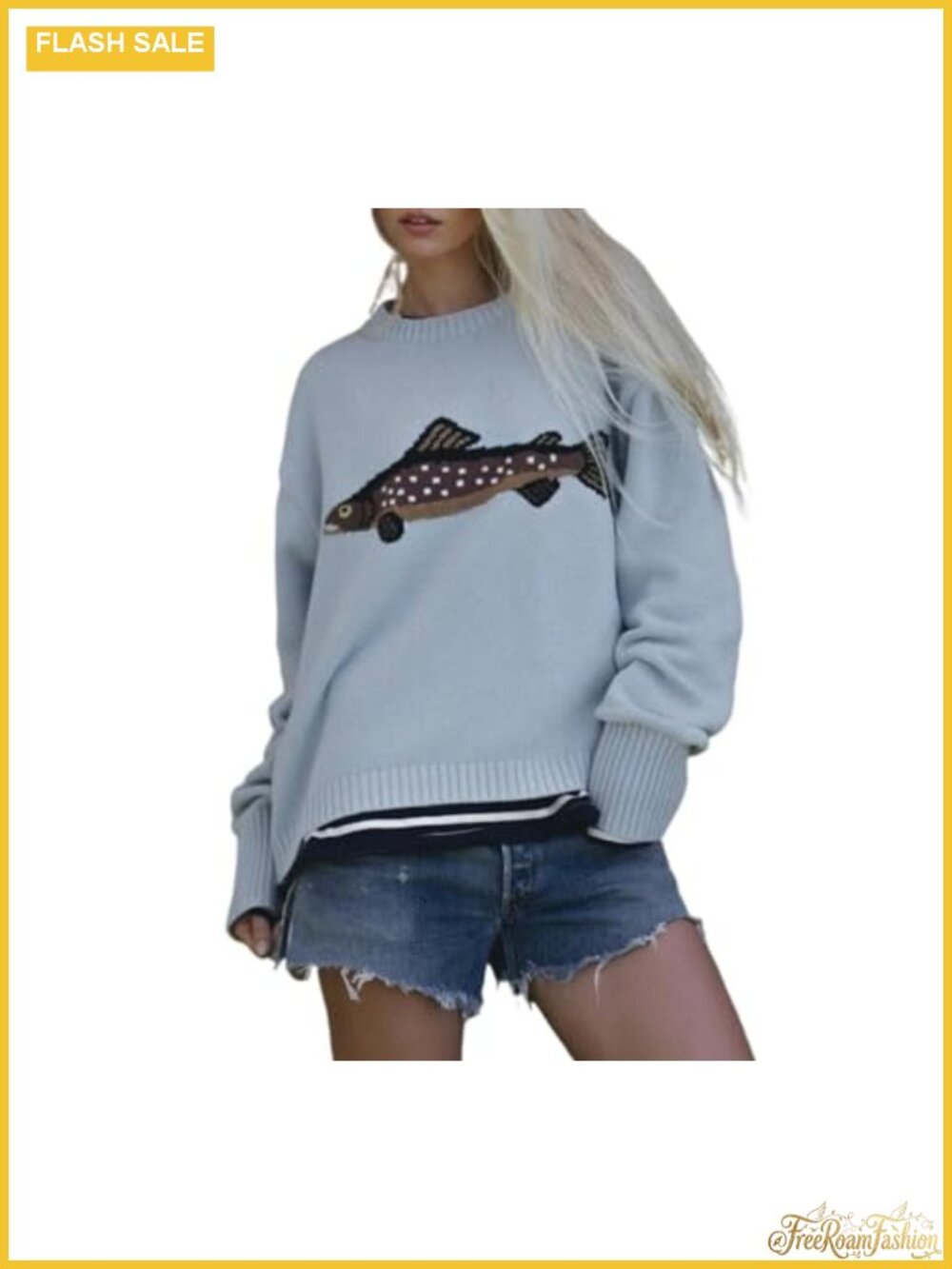 Y2K Fish Graphic Chunky Crochet Knit Sweater Pullover Oversized Cottagecore